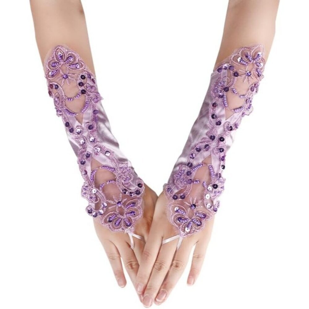 Women's A-Purple Sequins Beads Fingerless Satin Gloves Party Prom Accessories